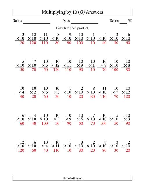 The Multiplying (1 to 12) by 10 (50 Questions) (G) Math Worksheet Page 2