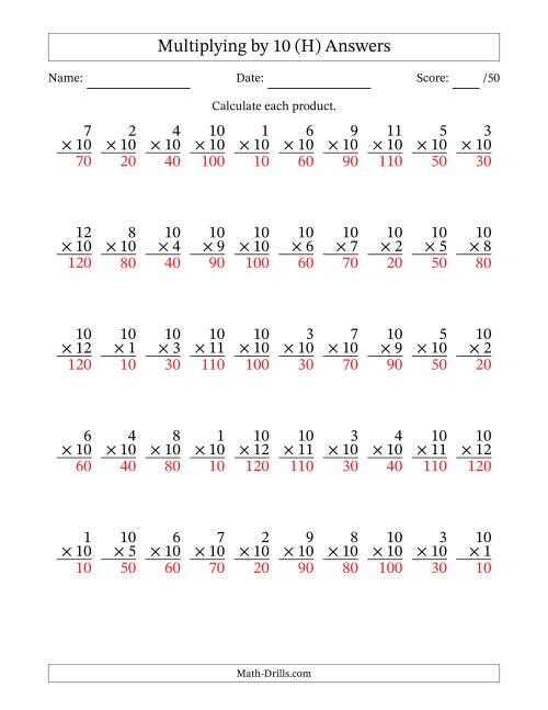 The Multiplying (1 to 12) by 10 (50 Questions) (H) Math Worksheet Page 2