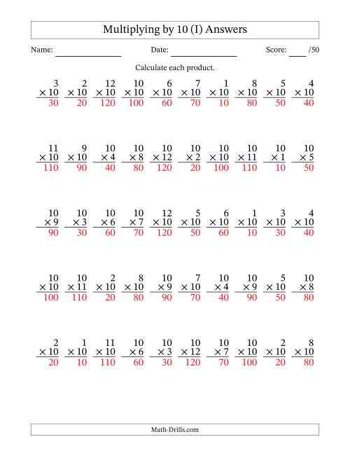 The Multiplying (1 to 12) by 10 (50 Questions) (I) Math Worksheet Page 2