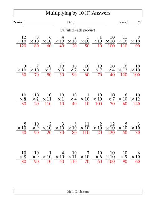 The Multiplying (1 to 12) by 10 (50 Questions) (J) Math Worksheet Page 2
