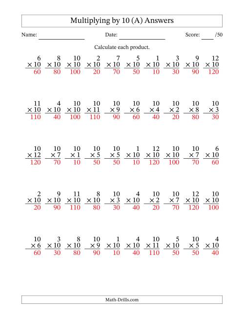 The Multiplying (1 to 12) by 10 (50 Questions) (All) Math Worksheet Page 2