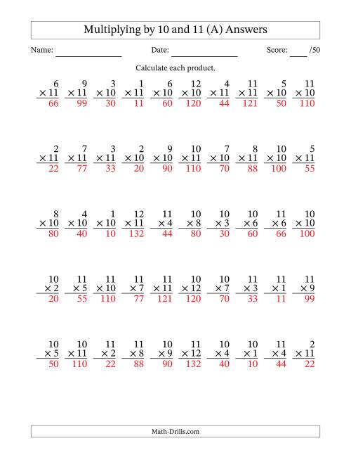 The Multiplying (1 to 12) by 10 and 11 (50 Questions) (A) Math Worksheet Page 2