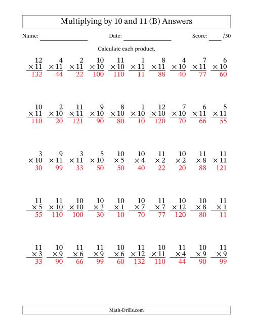 The Multiplying (1 to 12) by 10 and 11 (50 Questions) (B) Math Worksheet Page 2