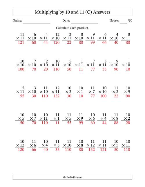 The Multiplying (1 to 12) by 10 and 11 (50 Questions) (C) Math Worksheet Page 2
