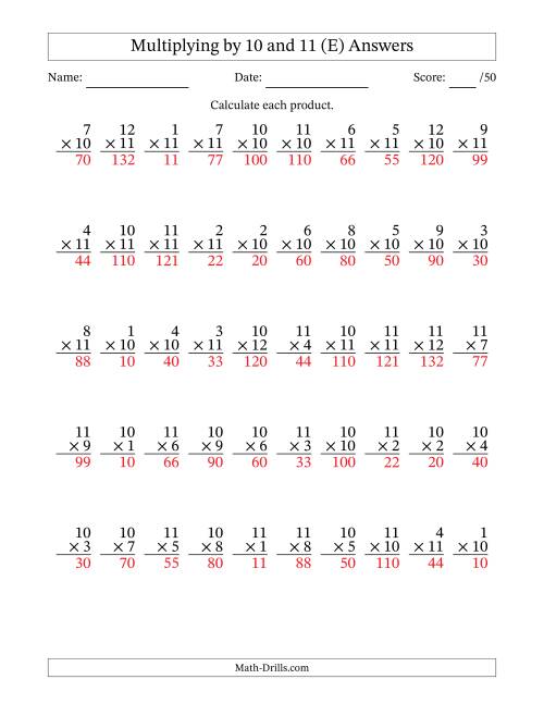 The Multiplying (1 to 12) by 10 and 11 (50 Questions) (E) Math Worksheet Page 2