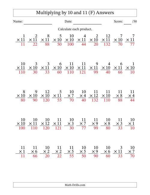 The Multiplying (1 to 12) by 10 and 11 (50 Questions) (F) Math Worksheet Page 2