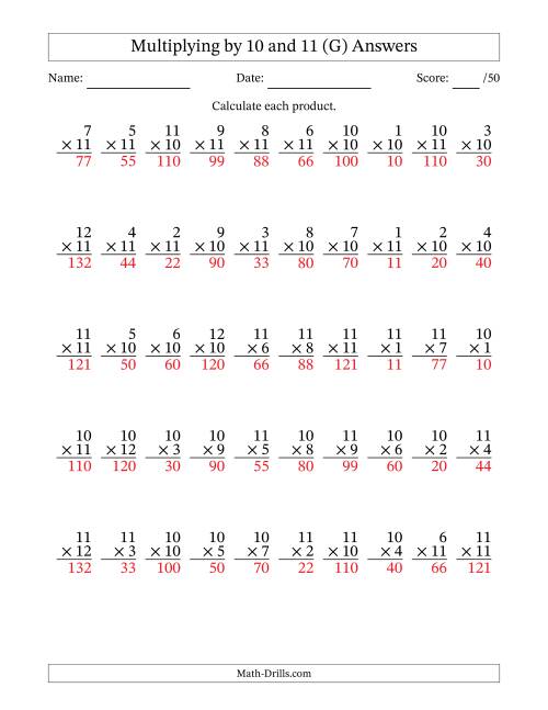 The Multiplying (1 to 12) by 10 and 11 (50 Questions) (G) Math Worksheet Page 2