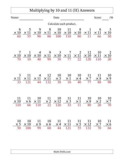 The Multiplying (1 to 12) by 10 and 11 (50 Questions) (H) Math Worksheet Page 2