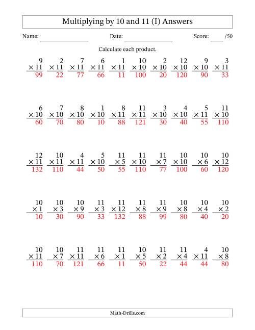 The Multiplying (1 to 12) by 10 and 11 (50 Questions) (I) Math Worksheet Page 2