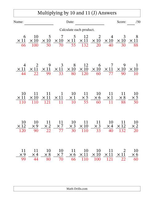 The Multiplying (1 to 12) by 10 and 11 (50 Questions) (J) Math Worksheet Page 2