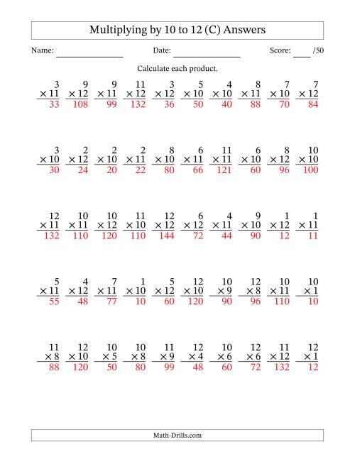 The Multiplying (1 to 12) by 10 to 12 (50 Questions) (C) Math Worksheet Page 2