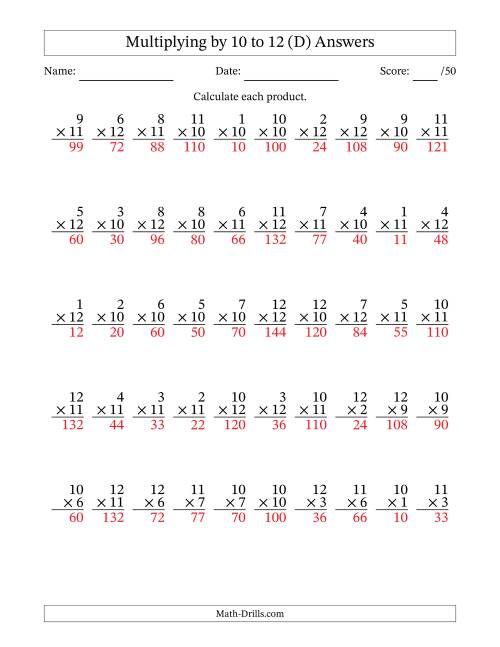 The Multiplying (1 to 12) by 10 to 12 (50 Questions) (D) Math Worksheet Page 2