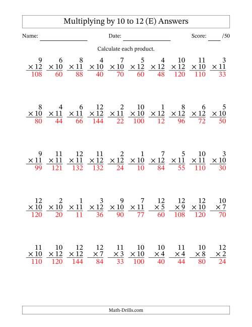 The Multiplying (1 to 12) by 10 to 12 (50 Questions) (E) Math Worksheet Page 2