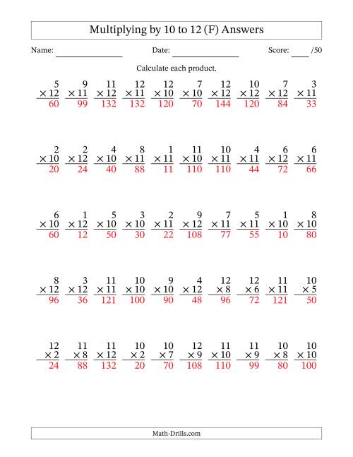 The Multiplying (1 to 12) by 10 to 12 (50 Questions) (F) Math Worksheet Page 2