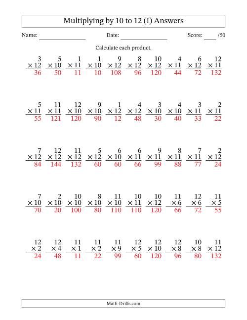 The Multiplying (1 to 12) by 10 to 12 (50 Questions) (I) Math Worksheet Page 2