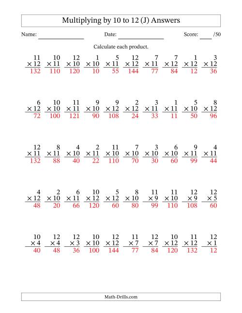 The Multiplying (1 to 12) by 10 to 12 (50 Questions) (J) Math Worksheet Page 2