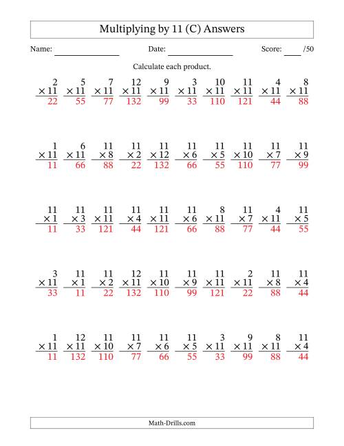 The Multiplying (1 to 12) by 11 (50 Questions) (C) Math Worksheet Page 2