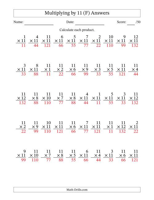 The Multiplying (1 to 12) by 11 (50 Questions) (F) Math Worksheet Page 2
