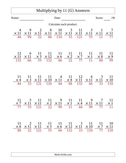 The Multiplying (1 to 12) by 11 (50 Questions) (G) Math Worksheet Page 2