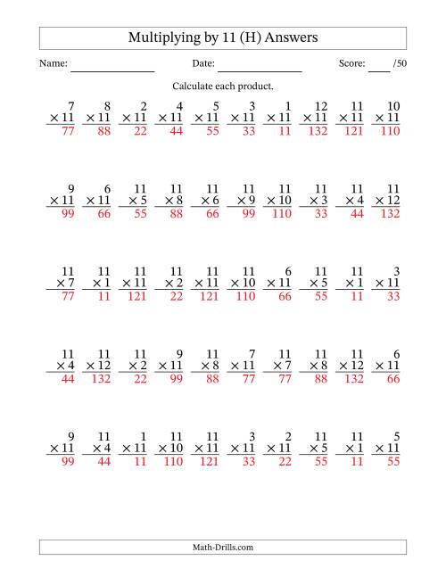 The Multiplying (1 to 12) by 11 (50 Questions) (H) Math Worksheet Page 2
