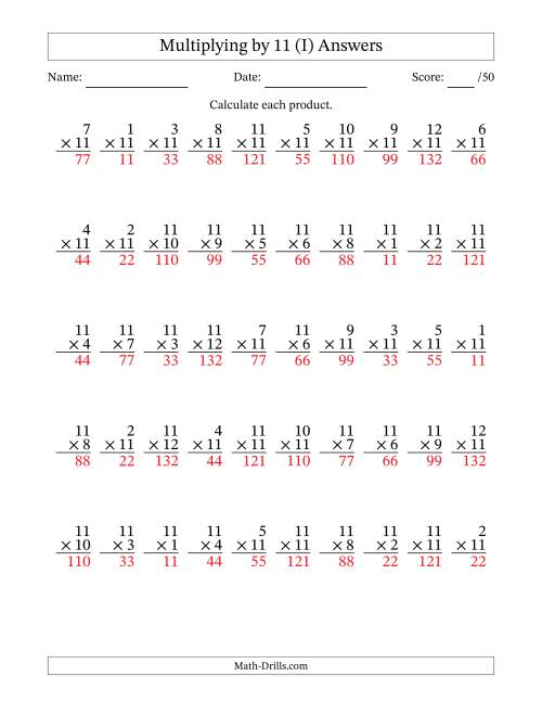 The Multiplying (1 to 12) by 11 (50 Questions) (I) Math Worksheet Page 2