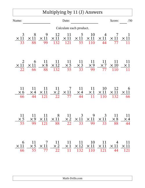 The Multiplying (1 to 12) by 11 (50 Questions) (J) Math Worksheet Page 2