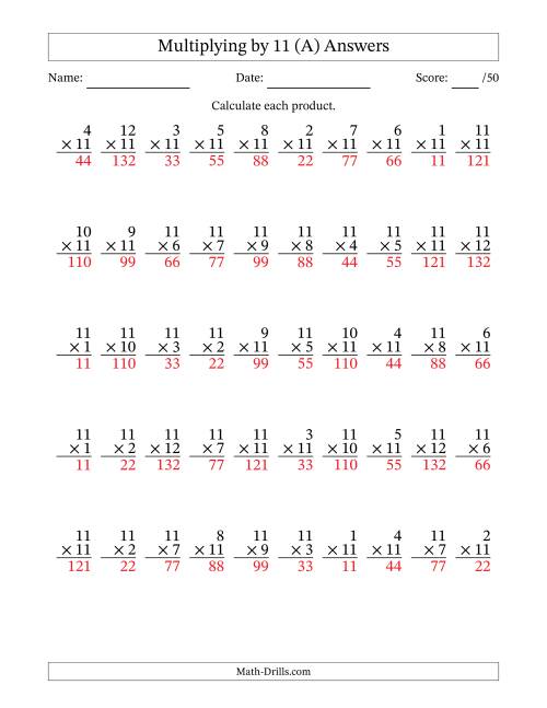 The Multiplying (1 to 12) by 11 (50 Questions) (All) Math Worksheet Page 2