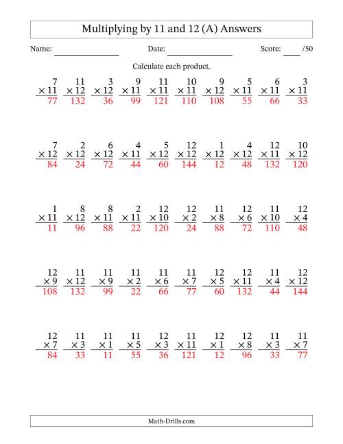The Multiplying (1 to 12) by 11 and 12 (50 Questions) (A) Math Worksheet Page 2