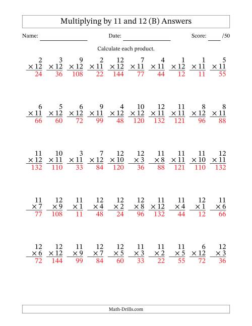The Multiplying (1 to 12) by 11 and 12 (50 Questions) (B) Math Worksheet Page 2