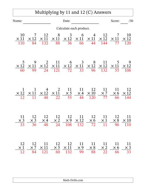 The Multiplying (1 to 12) by 11 and 12 (50 Questions) (C) Math Worksheet Page 2