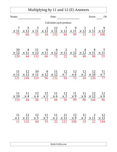 The Multiplying (1 to 12) by 11 and 12 (50 Questions) (E) Math Worksheet Page 2