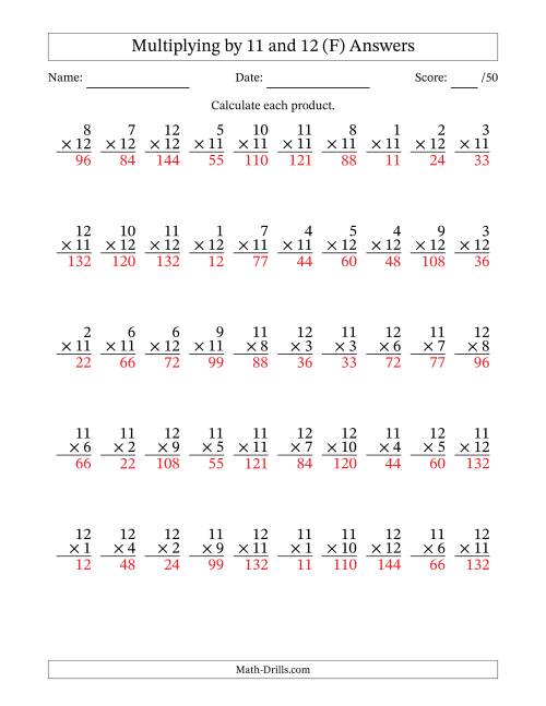 The Multiplying (1 to 12) by 11 and 12 (50 Questions) (F) Math Worksheet Page 2