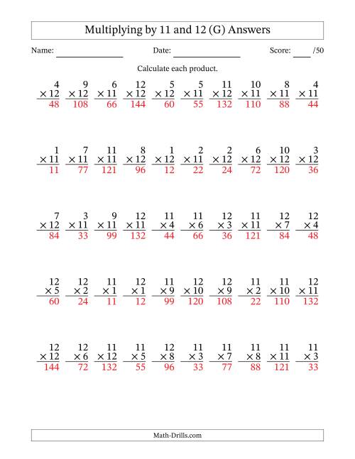 The Multiplying (1 to 12) by 11 and 12 (50 Questions) (G) Math Worksheet Page 2