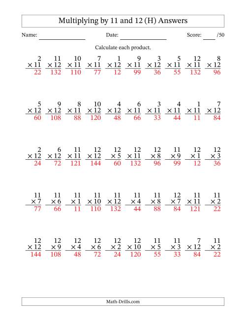 The Multiplying (1 to 12) by 11 and 12 (50 Questions) (H) Math Worksheet Page 2