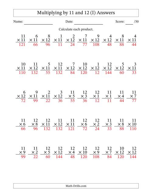 The Multiplying (1 to 12) by 11 and 12 (50 Questions) (I) Math Worksheet Page 2