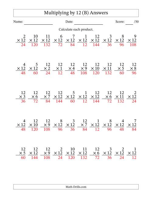 The Multiplying (1 to 12) by 12 (50 Questions) (B) Math Worksheet Page 2
