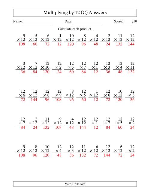 The Multiplying (1 to 12) by 12 (50 Questions) (C) Math Worksheet Page 2