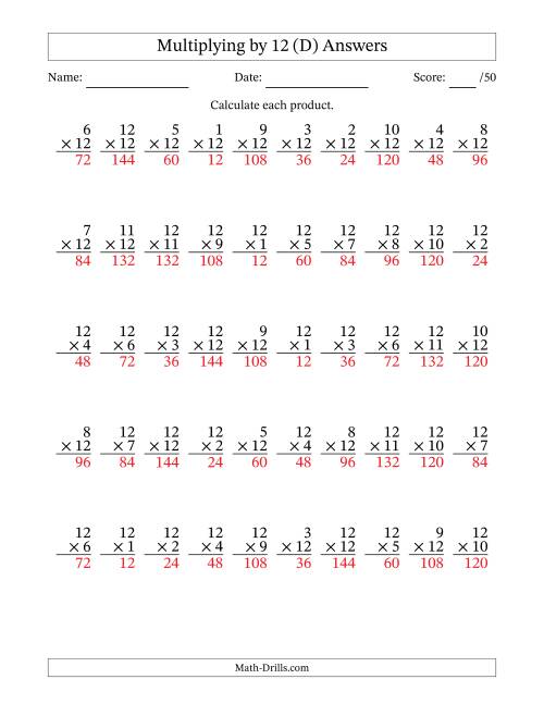 The Multiplying (1 to 12) by 12 (50 Questions) (D) Math Worksheet Page 2