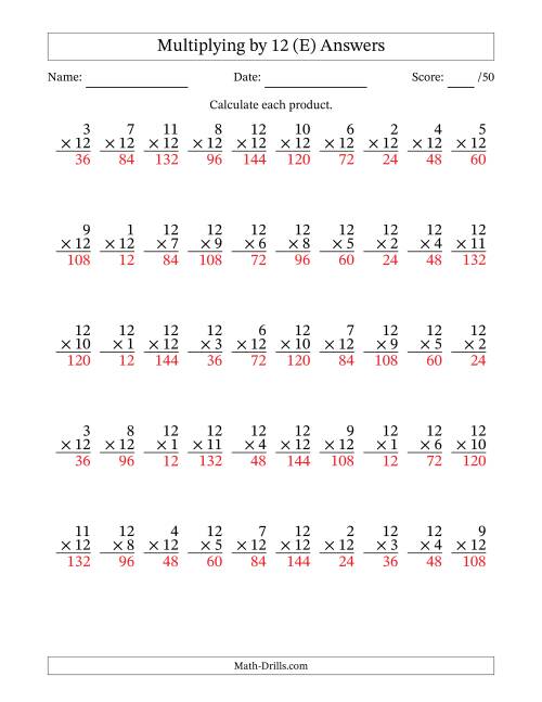 The Multiplying (1 to 12) by 12 (50 Questions) (E) Math Worksheet Page 2