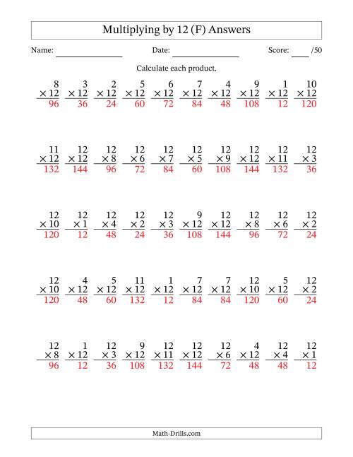 The Multiplying (1 to 12) by 12 (50 Questions) (F) Math Worksheet Page 2
