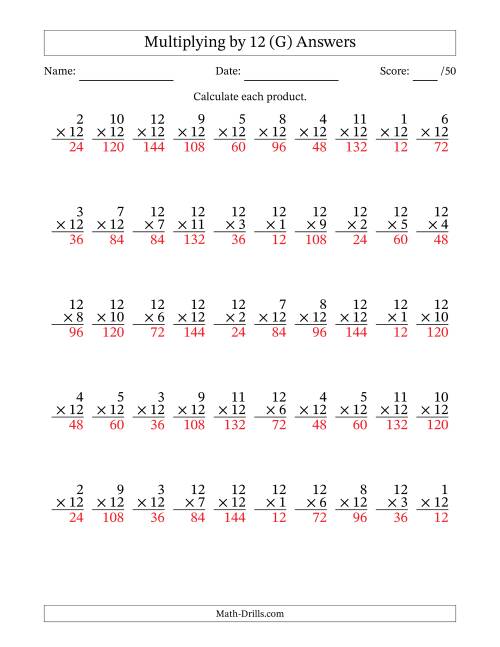 The Multiplying (1 to 12) by 12 (50 Questions) (G) Math Worksheet Page 2