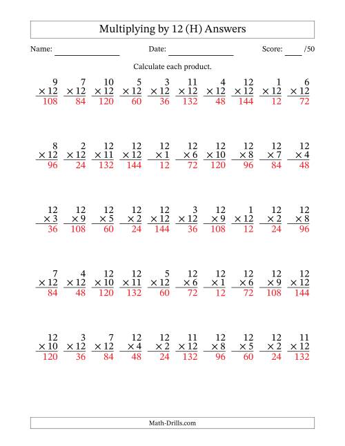 The Multiplying (1 to 12) by 12 (50 Questions) (H) Math Worksheet Page 2