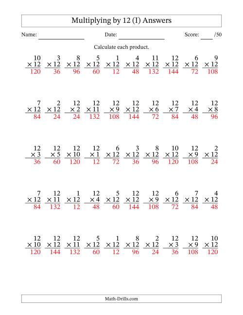 The Multiplying (1 to 12) by 12 (50 Questions) (I) Math Worksheet Page 2