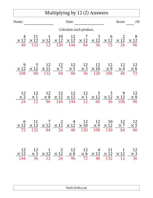 The Multiplying (1 to 12) by 12 (50 Questions) (J) Math Worksheet Page 2
