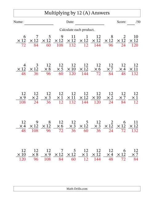 The Multiplying (1 to 12) by 12 (50 Questions) (All) Math Worksheet Page 2