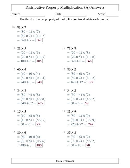 The Multiply 2-Digit by 1-Digit Numbers Using the Distributive Property (A) Math Worksheet Page 2