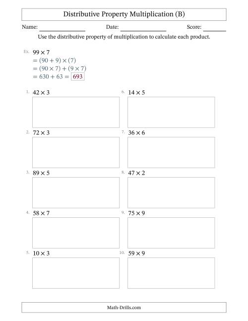 The Multiply 2-Digit by 1-Digit Numbers Using the Distributive Property (B) Math Worksheet
