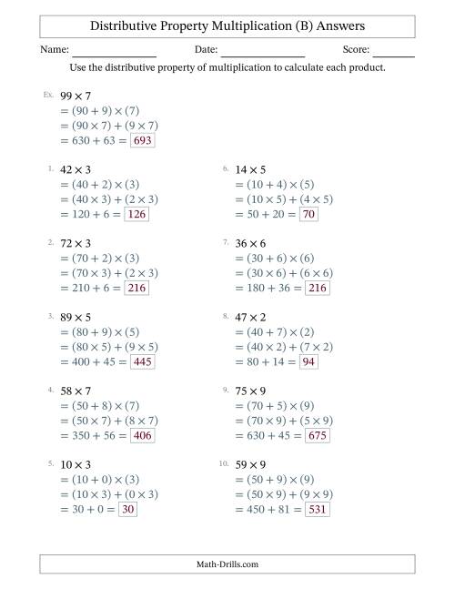 The Multiply 2-Digit by 1-Digit Numbers Using the Distributive Property (B) Math Worksheet Page 2