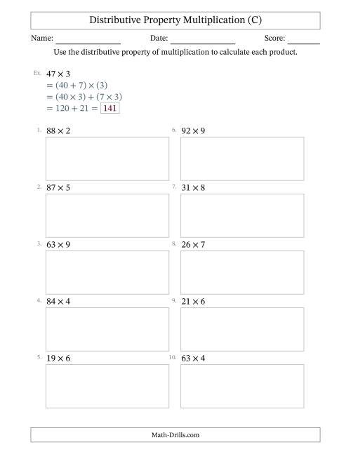 The Multiply 2-Digit by 1-Digit Numbers Using the Distributive Property (C) Math Worksheet