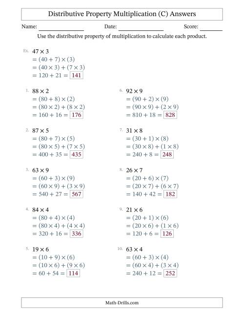 The Multiply 2-Digit by 1-Digit Numbers Using the Distributive Property (C) Math Worksheet Page 2
